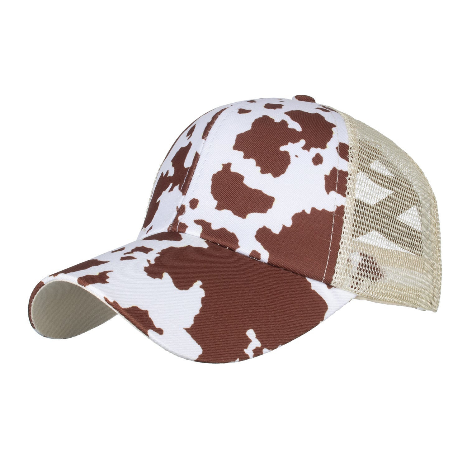 Gorra de béisbol de cola de caballo neta elástica cruzada con patrón de vaca de poliéster al por mayor
